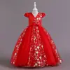 Vestido Longo Vermelho Infantil para Comércio Exterior, Tule Bordado Patchwork Saia Bufante, Vestido de Princesa para Meninas, Roupa para Apresentação de Piano