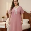 Camisola Feminina Sexy Plus Size Transfronteiriça, Roupão de Renda com Laço de Manga Curta, Roupa para Casa, Atacado do Fabricante