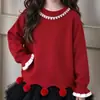 Conjunto de Suéter de Tricô para Meninas de Natal e Ano Novo Laço de Pérola Pom-pom Renda Outono Inverno Festival Conjunto Elegante de Duas Peças