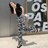 Pantalones de Seda de Hielo de Verano Pantalones Estampados Retro Elegantes Estudiante Sueltos Talla Grande Delgados ins Trendy Cintura Alta Drapeados Pierna Ancha