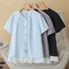 [Oferta Especial] 100kg Novo Estilo de Verão para Meninas Plus Size: Blusa Versátil Casual Estilosa com Patchwork de Renda de Manga Curta para Mulheres 0555