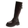 Botas de jinete para mujer con punta redonda y tacón grueso, nuevo estilo retro de motocicleta, botas de media pantorrilla de cuero suave con hebilla y caña ancha, botas Martin