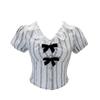 Camisa de Manga Corta a Rayas con Lazo para Chica Sexy para Mujer Verano Encaje Costuras Cuello de Muñeca Diseño con Sentido Vestido Corto Traje de Moda