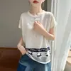 Camiseta Estampada de Manga Corta Estilo Bohemio para Mujer, Top de Punto de Lino Helado Retro Francés de Manga Media Holgado y Versátil Adelgazante