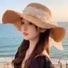 Sombrero de Sol de Paja de Moda Dulce y Elegante para Mujer con Lazo Grande y Ala Ancha, Sombrero de Protección Solar para Exteriores, Transfronterizo