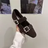 Calçado Médio Quente 2025 Salto Grosso Sapatilhas Sapatos Mary Jane Femininos Estilo Retrô Strass Outono e Inverno Mais Pelúcia Lã Bico Quadrado