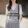 Camiseta Feminina Casual Básica de Fibra de Bambu com Efeito Duas Peças, Gola Redonda, Manga Curta, Respirável e Confortável, Camada Base para Primavera e Verão