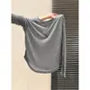 Blusa Gris de Cuello Medio Abierto con Botones Ligeramente Transparente de Manga Larga Estilo Otoñal Relajado Look Adelgazante Holgado Top de Dobladillo Curvo