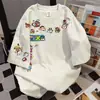 Camiseta Redonda de Manga Corta con Estampado de Dibujos Animados Retro Americano para Mujer Verano Casual Holgada Tendencia Pareja Tops