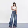 Jaqueta Versátil Estilo Retrô Americano com Cordão Cintura Alta Comprimento até o Chão Jeans 2025 Outono Calças Largas Soltas Emagrecedoras para Mulheres
