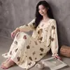 Camisola de Algodão Puro para Mulheres, Estilo Primavera e Outono, Vestido de Manga Longa, Novo Estilo de Outono 2026, Roupa de Casa Fofa com Desenho Animado, Pode Ser Usada ao Ar Livre