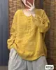2026 Primavera Novo Camisola de Linho Lavado com Areia Gola Redonda Artística Manga Longa Camiseta Feminina Solta Emagrecedora Redutora de Idade 9706