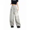 Calça de moletom feminina com estampa de letras retrô americana, amarração, bainha curva em camadas, novo estilo de verão 2026, calça casual solta com amarração