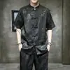 Camisa de Manga Corta de Seda de Hielo para Hombre Estilo Chino Hebilla Delgada Patrón de Dragón Manga Corta Talla Grande Manga Corta Holgada Ropa Tang Camisa para Verano