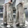 Jeans rectos holgados de pierna ancha para hombre, estilo casual americano, lavados, vintage, con graffiti pintado a mano, para primavera y otoño, de alta calle