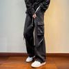 Pantalones capri marrones vintage americanos para hombre, estilo japonés, de gran tamaño, con tirantes rectos y pierna ancha, de moda urbana.