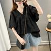 Camisa de Chifón con Cuello en V y Manga Acampanada con Volantes para Mujer 2025 Verano Nuevo Estilo Coreano Suelta y Versátil Color Puro Manga Corta