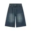 Nuevos Shorts de Mezclilla Rectos de Tres Cuartos Lavados Vintage Desgastados de Ajuste Holgado para Hombre, Verano 2026, Ajuste Holgado, Azul Oscuro de Moda