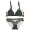 Conjunto de lingerie sexy transfronteiriço estilo francês com bojo triângulo pequeno, sem aro, malha fina de algodão e detalhes em renda de cílios, projetado para fazer seios grandes parecerem menores