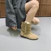 Botas de Cano Médio com Solado Plano Estilo Coreano Design Simples Estilo Retrô para Uso Externo Feminino Outono e Inverno Camurça Bico Redondo Versátil para o Dia a Dia