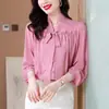 Foto Real de Camisa de Gasa Rosa para Mujer, Nuevo Estilo de Primavera, Rejuvenecedora, Blusa Chic de Manga Larga Estilo Francés