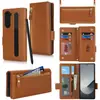 Para Samsung Fold 6 Carteira com Zíper Traseiro Case para Celular Fold 5 Flip Slot para Caneta Cartão Case de Couro
