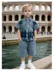 Conjunto Jeans Masculino de Verão Tendência Cool Camisa de Manga Curta Shorts Peça Dupla Lindo Estilo de Rua Casual Streetwear