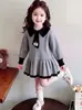 Vestido de Punto para Niña Bloque de Color Cuello Solapa Manga Larga Vestido Suéter Oso Lindo Corbata Volante Vestido Princesa