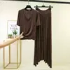Conjunto de moda de verano para exteriores: camiseta modal con cuello en V y manga tres cuartos con cordón y falda larga de cintura alta, transfronterizo Amazon