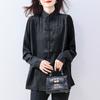 Foto Real de la Nueva Camisa de Manga Larga Otoño 2026 para Mujer, Corte Holgado, Adelgazante, Elegante Camisa con Cuello Alto y Diseño de Botones Estilo Chino