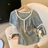 Top de tricô de seda gelada com blocos de cor estilo Chanel para mulheres, design de primavera com camiseta vazada, estilo coreano, adequado para usar como camada externa
