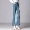 9286 novos jeans boca de sino calça feminina de meia-idade mãe borda crua contas quentes calça feminina de meia-idade e idosa calça boca de sino stretch