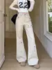 Marca de Moda Petite Workwear Americano Jeans Micro Flare Feminino Cintura Alta Design Zíper Multi-bolsos Perna Reta Calça Longa