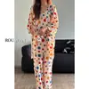 Conjunto nuevo de pijama casual estilo francés para mujer, primavera y otoño, con lunares, manga larga, pantalón largo, ropa de casa, se puede usar para salir