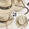 Sombrero de vaquero western de paja estilo étnico, sombrero de paja para el sol para viajes por la pradera para mujeres, sombrero de playa de ala ancha de verano para vacaciones