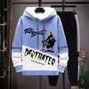 Sudadera de Otoño para Hombre de Manga Larga Estampada con Empalmes Pulóver Marca de Moda Atractivo con Capucha Traje Holgado Tops Juveniles