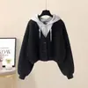 Versátil conjunto de moda estilo coreano estilo universitario chaqueta con capucha de dos piezas falsas y pantalones casuales de pierna recta para primavera y otoño