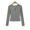 2560-25 Nuevo Estilo Otoño Chica Americana Pura Lustre Cuello V Pequeño Forro Polar Cálido Manga Larga Prenda Base Corta Camiseta