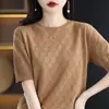 Camiseta de Algodão 100% Gola Redonda Verão Feminina Tricô Manga Curta Camisa Base Fina Cor Sólida Meia-manga T-shirt Vazada