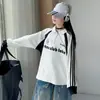 Sudadera tipo polo con media cremallera estilo americano para niñas, primavera y otoño, con hombros caídos, cuello de solapa, diseño de patchwork, mangas largas y un conjunto de pantalones vaqueros a juego