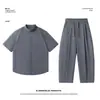 Conjunto de Duas Peças de Camisa Masculina de Cor Sólida Fina e Calça Casual de Verão Novo, Conjunto de Camisa de Manga Curta de Seda de Gelo, Verão Sem Ferro
