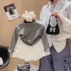 Camisa Base com Gola Franzida para Meninas Primavera e Outono Camiseta de Manga Longa com Laço para Bebê Gola Alta Meia-alta Top Infantil Atacado