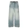 Calça jeans reta com lavagem degradê para homens, estilo rua punk vintage, bordas desfiadas, calça larga solta