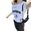 Camiseta Corta de Manga Corta con Estampado de Letras Estilo Coreano Hong Kong Hombro Caído para Mujer Verano Sexy Holgada Estilo Perezoso Top sin Hombros