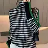 Suéter Jacquard a Cuadros Retro Europeo de Cuello Alto para Mujer, Jersey de Estilo Perezoso para Otoño e Invierno, Bloques de Color, Corte Ajustado, Prendas de Punto para Capa Interior
