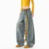 Pantalones vaqueros de pierna recta ancha para mujer, estilo caricatura americana divertida bordados con toalla, corte holgado, lavados y desgastados, diseño único