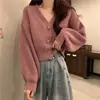 Cardigã de tricô com decote em V para mulheres, novo estilo outono e inverno, casaco suéter solto e casual, blusa única para mulheres baixinhas, moda feminina tendência