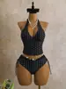 Traje de baño de dos piezas bikini de cintura alta con lunares retro europeo, halter, pierna dividida, para mujer, para playa, con cordones, transfronterizo