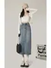 Saia Jeans Feminina Primavera e Verão Cintura Alta Slim Linha A Formato Pera Vintage Fenda Longa