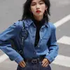 Em estoque Outono e Inverno 2025 nova moda estilo coreano versátil solta jeans manga longa para mulheres petites, azul, outras cores disponíveis